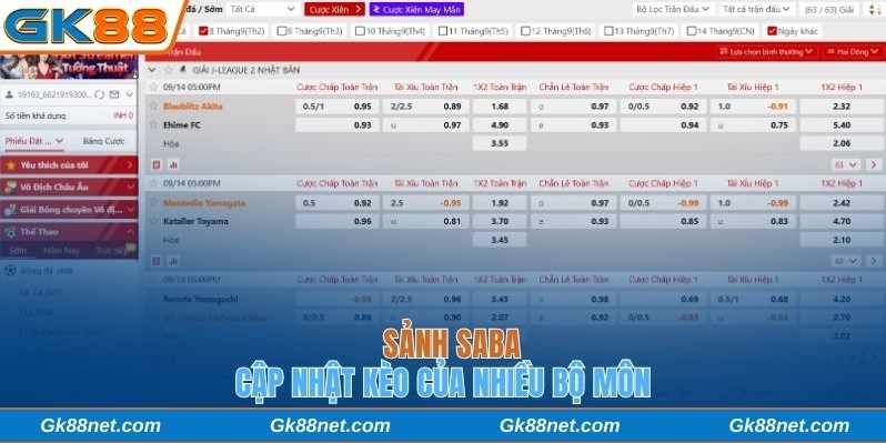 Sảnh Saba cập nhật kèo của nhiều bộ môn thú vị